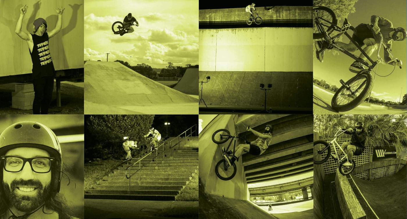 Eight lime-tinted photos of the Cactus crew: riders airing a jump, riding a wall, grinding a stair rail and carving a bowl, plus a couple of grinning portraits.