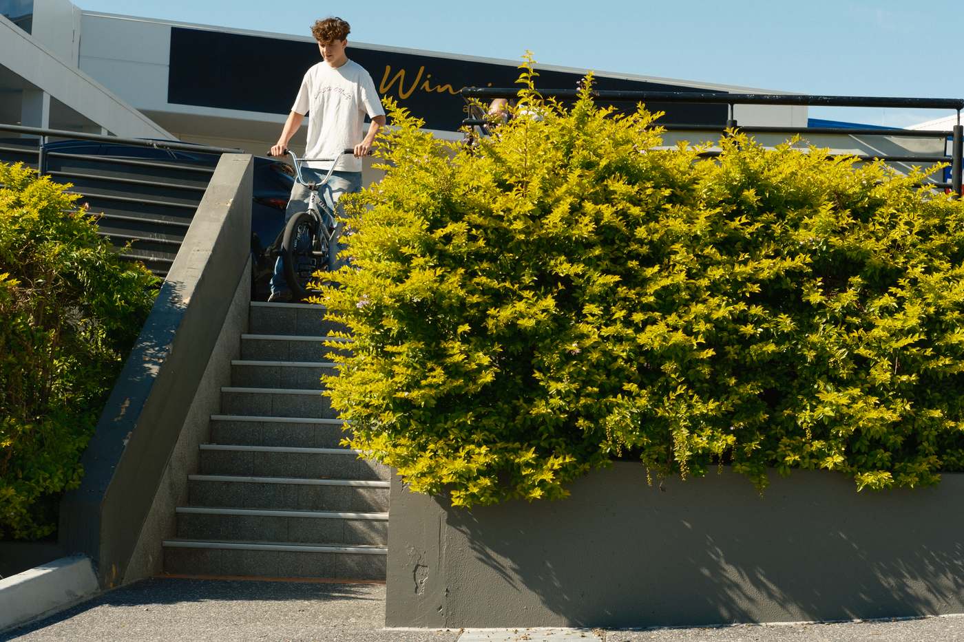 Kai standing with his bike at the top of a stairset next to a hedge, looking down at the handrail.