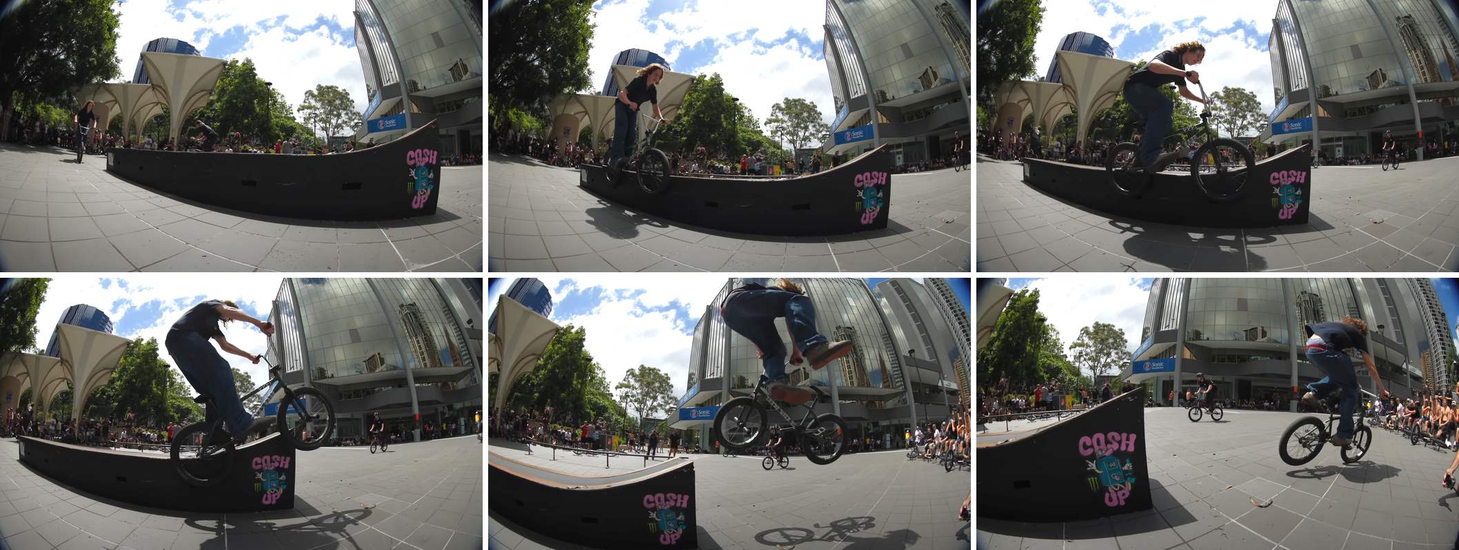 Six frames of Kai riding a black quarter wedge in a city square, from the run in to a switch pegs and a whip out, a crowd watching behind.