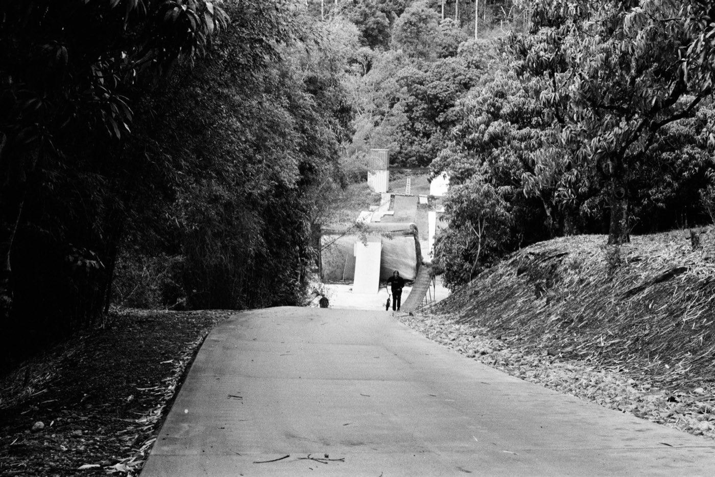 A lone rider pushing up the long concrete driveway towards the roll-in.