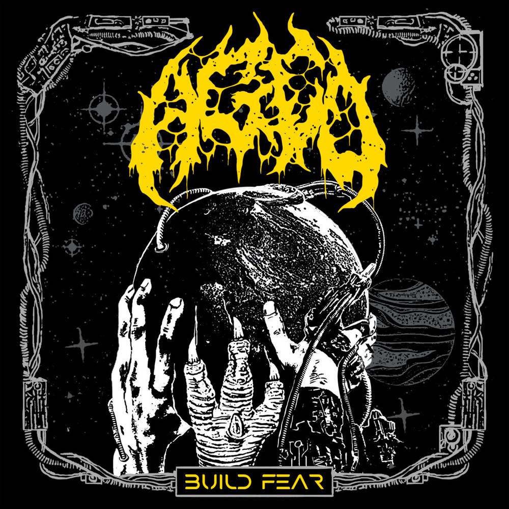 Album cover for Build Fear by Aglo: a black and white illustration of hands cradling a planet in space under a jagged yellow logo, framed by machinery.